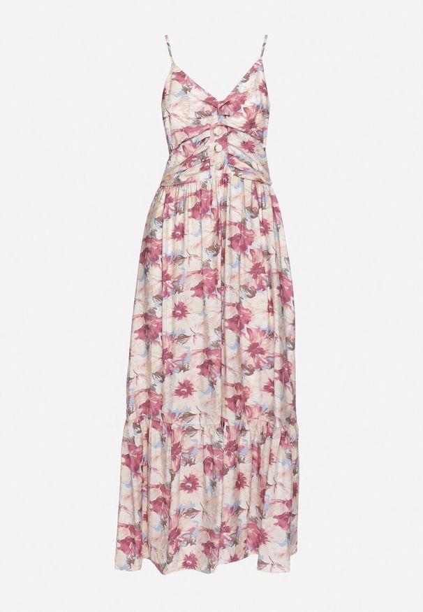 Born2be - Jasnofioletowa Sukienka w Kwiaty na Regulowanych Ramiączkach z Rozcięciami i Ozdobnymi Guzikami Dimllie. Okazja: na co dzień. Typ kołnierza: dekolt w serek. Kolor: fioletowy. Długość rękawa: na ramiączkach. Wzór: kwiaty. Typ sukienki: rozkloszowane. Styl: casual, elegancki