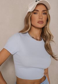Renee - Jasnoniebieski T-shirt z Bawełny z Prążkowanego Materiału Aszedi. Okazja: na co dzień. Kolor: niebieski. Materiał: bawełna, materiał, prążkowany. Wzór: prążki. Styl: klasyczny, casual #3