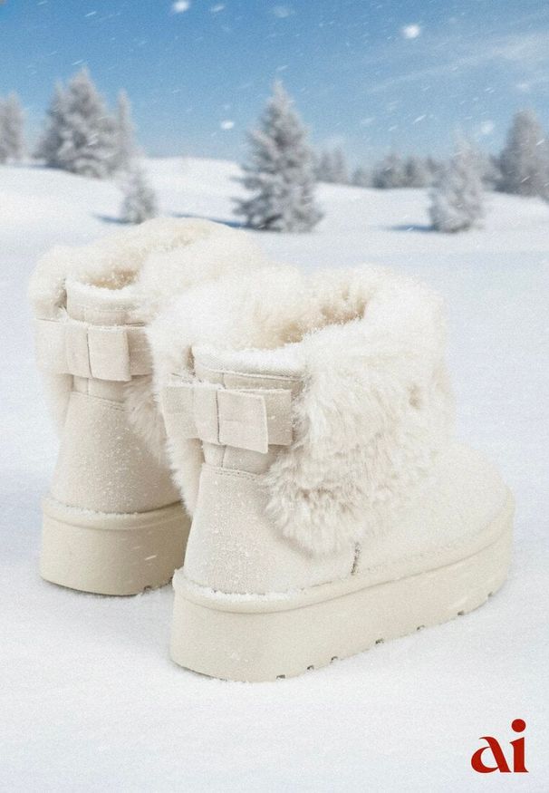 Renee - Beżowe Śniegowce z Cholewką za Kostkę Ocieplane z Futerkiem i Małą Kokardą Reinedia. Okazja: na co dzień, na spacer. Wysokość cholewki: za kostkę. Kolor: beżowy. Materiał: futro. Szerokość cholewki: normalna. Wzór: aplikacja. Sezon: jesień. Styl: casual