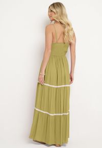 Born2be - Jasnozielona Sukienka na Ramiączkach z Gumką w Pasie Zapinana na Guziki z Falbanką i Haftem Tiamavita. Kolor: zielony. Długość rękawa: na ramiączkach. Wzór: haft. Sezon: lato #6