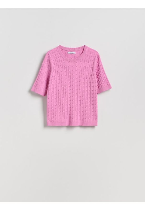 Reserved - Sweter z ozdobnym splotem - fioletowy. Kolor: fioletowy. Materiał: wiskoza, dzianina. Wzór: ze splotem. Styl: klasyczny