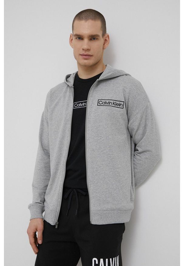 Calvin Klein Underwear bluza męska kolor szary z kapturem z aplikacją. Typ kołnierza: kaptur. Kolor: szary. Materiał: poliester. Wzór: aplikacja