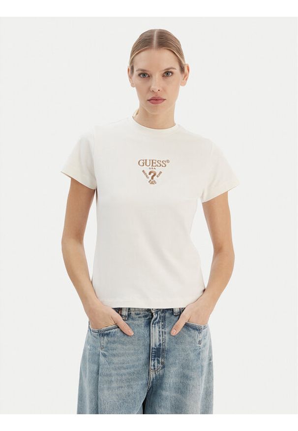 Guess T-Shirt V4YI21 KCDH1 Écru Regular Fit. Materiał: bawełna
