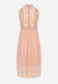 Born2be - Ciemnoróżowa Koronkowa Sukienka Midi z Rozkloszowanym Dołem z Tiulu Peirene. Kolor: różowy. Materiał: tiul, koronka. Wzór: aplikacja. Długość: midi #2