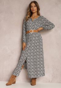 Renee - Biało-Czarna Sukienka Hyrathe. Kolor: czarny. Materiał: tkanina. Wzór: aplikacja, kwiaty, nadruk. Styl: elegancki. Długość: maxi #4