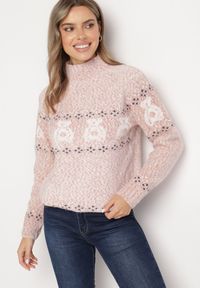 Born2be - Ciemnoróżowy Sweter z Wełną w Misiowy Wzór ze Ściągaczami Dorizelle. Okazja: na co dzień. Kolor: różowy. Materiał: wełna. Styl: klasyczny, casual #5