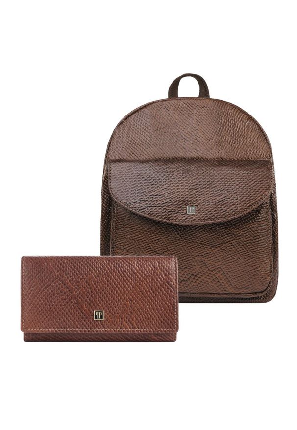 PAOLO PERUZZI - Portfel damski skórzany T-09-BR plecaczek damski miejski brązowy T-18-PBR zestaw prezentowy Paolo Peruzzi ZUP-108-BR. Kolor: brązowy. Materiał: skóra