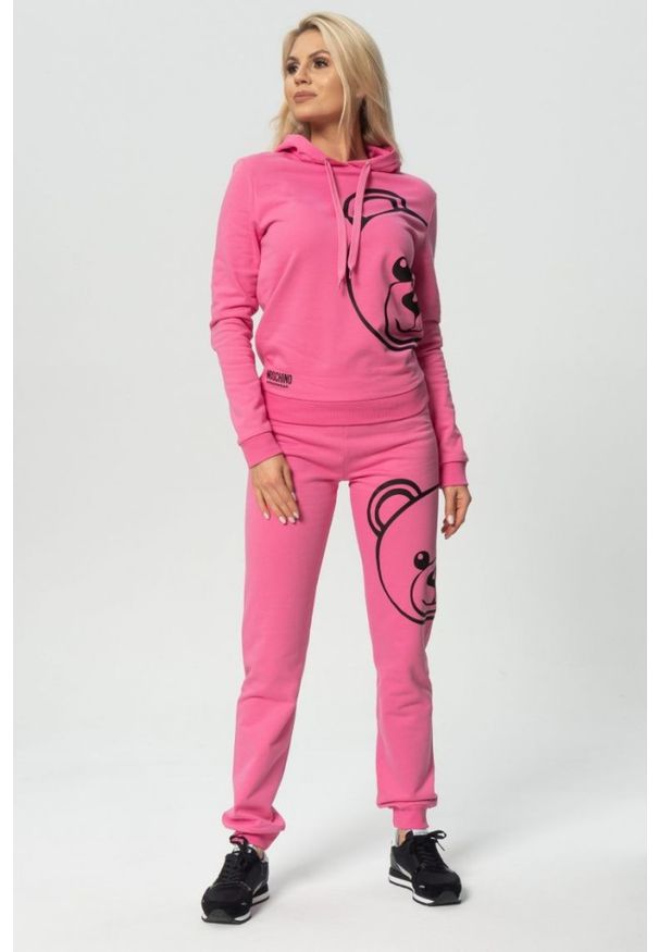 MOSCHINO Różowe spodnie dresowe damskie, Rozmiar M. Kolor: różowy. Materiał: dresówka. Wzór: nadruk