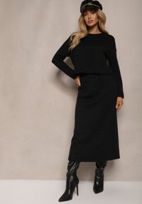 Renee - Czarny Dzianinowy Komplet z Wiskozą Bluzka i Spódnica Ozdobiona Rozcięciem Ilirina. Kolor: czarny. Materiał: dzianina, wiskoza. Wzór: aplikacja #3