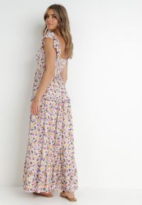Born2be - Biało-Różowa Sukienka Maibe. Kolor: różowy. Materiał: tkanina. Długość rękawa: na ramiączkach. Wzór: nadruk, aplikacja, kwiaty. Sezon: wiosna, lato. Typ sukienki: trapezowe. Styl: boho. Długość: maxi #3