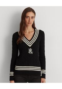 Lauren Ralph Lauren - LAUREN BY RALPH LAUREN - Czarny sweter z haftowanym monogramem. Kolor: czarny. Materiał: bawełna, dzianina. Wzór: haft