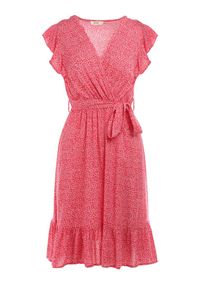 Born2be - Czerwona Sukienka z Paskiem Rartho. Typ kołnierza: kołnierz z falbankami. Kolor: czerwony. Materiał: wiskoza, materiał. Wzór: kwiaty, nadruk. Typ sukienki: kopertowe, rozkloszowane. Długość: mini #5