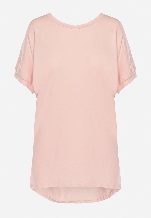 Born2be - Różowy T-shirt z Krótkimi Rękawami i Dłuższym Tyłem Cercisa. Okazja: na co dzień. Typ kołnierza: dekolt w serek. Kolor: różowy. Materiał: jeans, bawełna. Długość rękawa: krótki rękaw. Długość: krótkie. Styl: klasyczny, casual
