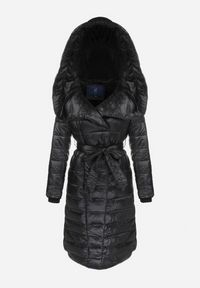 Born2be - Czarna Kurtka Płaszcz z Szerokim Kołnierzem i Kapturem Wiązana w Pasie Feku. Kolor: czarny. Materiał: materiał. Długość: długie. Sezon: zima. Styl: klasyczny, elegancki #4