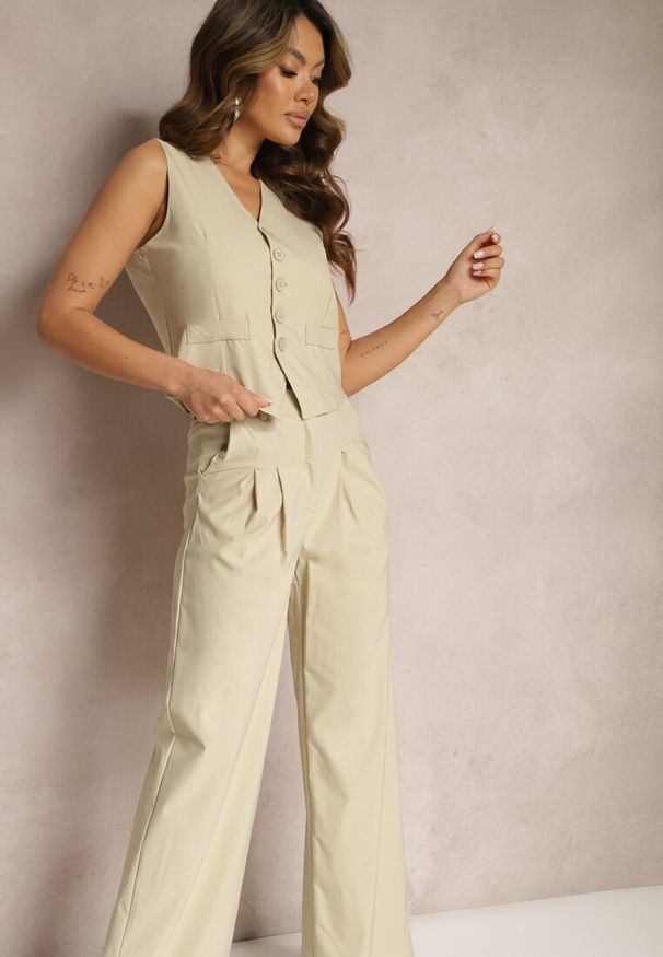 Renee - Beżowy Garniturowy Komplet Kamizelka i Proste Spodnie High Waist Nithriella. Kolor: beżowy
