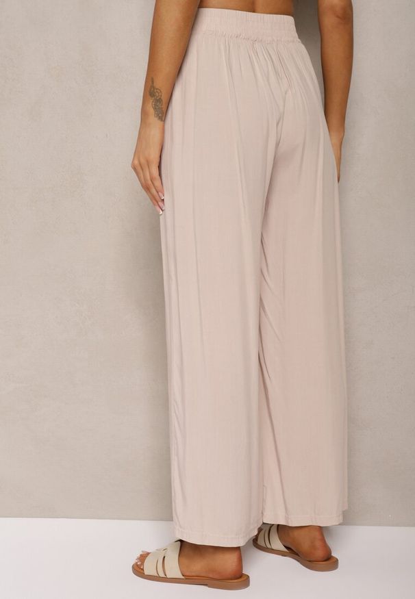 Renee - Beżowe Bawełniane Szerokie Spodnie Kuloty High Waist z Gumką w Talii Evitaes. Okazja: na spotkanie biznesowe, na co dzień. Stan: podwyższony. Kolor: beżowy. Materiał: bawełna. Styl: elegancki, biznesowy, casual