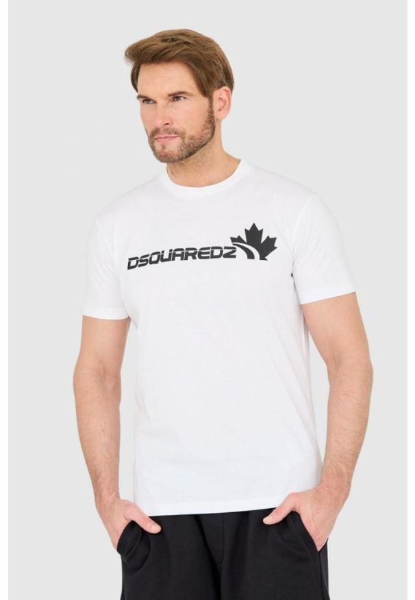 DSQUARED2 Biały bawełniany t-shirt z dużym logo. Kolor: biały. Materiał: bawełna