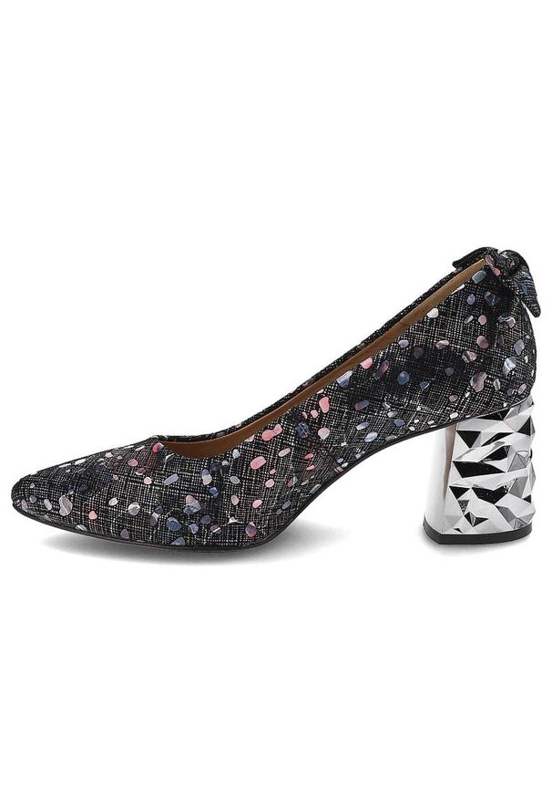 Czarne Czółenka Maciejka Damskie Eleganckie Buty. Zapięcie: bez zapięcia. Kolor: czarny. Materiał: zamsz, skóra. Szerokość cholewki: normalna. Wzór: aplikacja, geometria, nadruk, kolorowy. Obcas: na obcasie. Styl: elegancki. Wysokość obcasa: średni