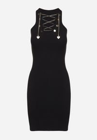 Born2be - Czarna Bawełniana Sukienka Prążkowana z Ozdobnie Wiązanym Dekoltem Vikimarra. Okazja: na co dzień. Kolor: czarny. Materiał: bawełna, prążkowany. Długość rękawa: krótki rękaw. Styl: wizytowy, casual, klasyczny, elegancki #7