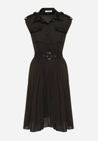 Born2be - Czarna Wiskozowa Sukienka Rozkloszowana z Koszulową Górą i Plisami z Paskiem Eviravie. Okazja: na co dzień. Kolor: czarny. Materiał: wiskoza. Typ sukienki: koszulowe. Styl: elegancki, casual, klasyczny. Długość: midi #7