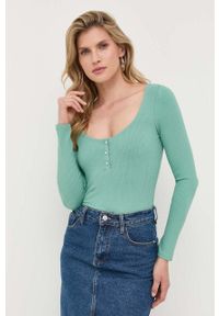 Guess longsleeve damski kolor zielony. Kolor: zielony. Materiał: materiał, wiskoza. Długość rękawa: długi rękaw. Długość: krótkie