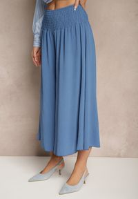 Renee - Niebieskie Spodnie Typu Kuloty High Waist o Szerokim Kroju z Marszczeniem Araliannis. Okazja: na co dzień. Stan: podwyższony. Kolor: niebieski. Styl: klasyczny, elegancki, casual #3