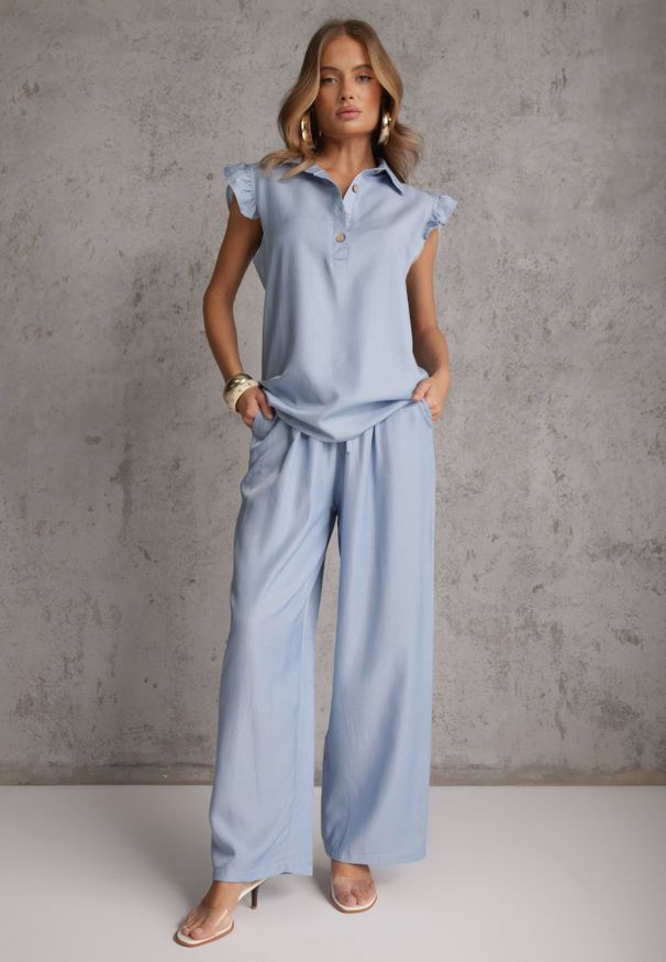 Renee - Jasnoniebieski Komplet z Wiskozą Bluzka z Kołnierzem i Spodnie Wide Leg Naunne. Kolekcja: plus size. Kolor: niebieski. Materiał: wiskoza. Wzór: gładki