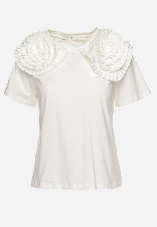 Born2be - Biały Bawełniany T-shirt z Materiałową Aplikacją 3D Jolilena. Okazja: na spotkanie biznesowe, na spacer, na co dzień. Kolor: biały. Materiał: bawełna, materiał. Wzór: aplikacja. Styl: biznesowy, klasyczny, casual, elegancki