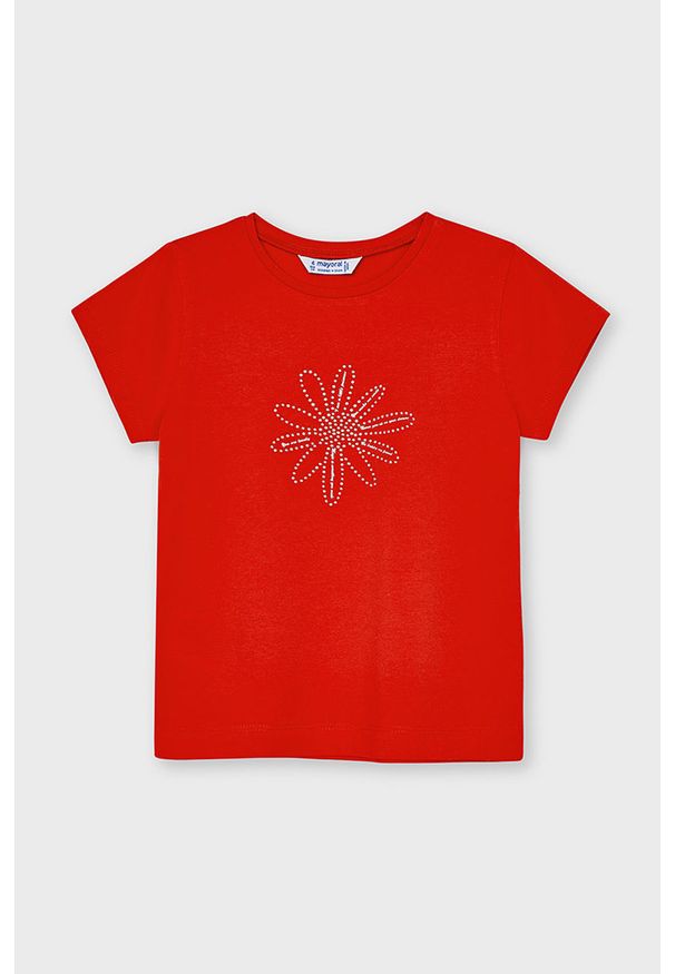 Mayoral - T-shirt dziecięcy. Okazja: na co dzień. Kolor: czerwony. Materiał: bawełna, dzianina, elastan. Długość rękawa: krótki rękaw. Długość: krótkie. Wzór: aplikacja. Styl: casual