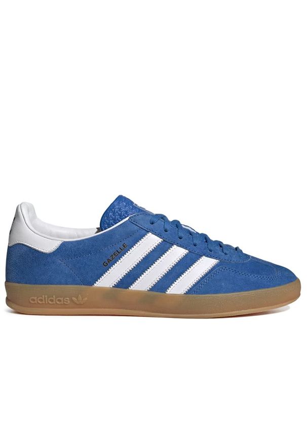 Adidas - Buty adidas Gazelle Indoor H06260 - niebieskie. Okazja: na uczelnię. Zapięcie: pasek. Kolor: niebieski. Materiał: zamsz, skóra, guma. Szerokość cholewki: normalna. Wzór: aplikacja, paski. Sezon: lato. Model: Adidas Gazelle