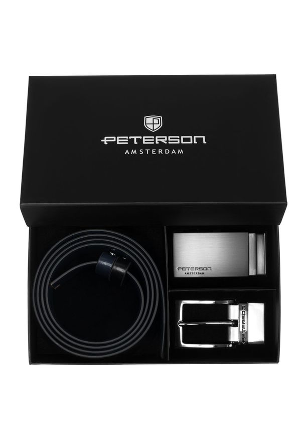 Zestaw prezentowy: dwustronny pasek skórzany w granatowym i czarnym kolorze Peterson PTN KL-B005S001 N. Kolor: czarny, niebieski, wielokolorowy. Materiał: skóra. Styl: elegancki