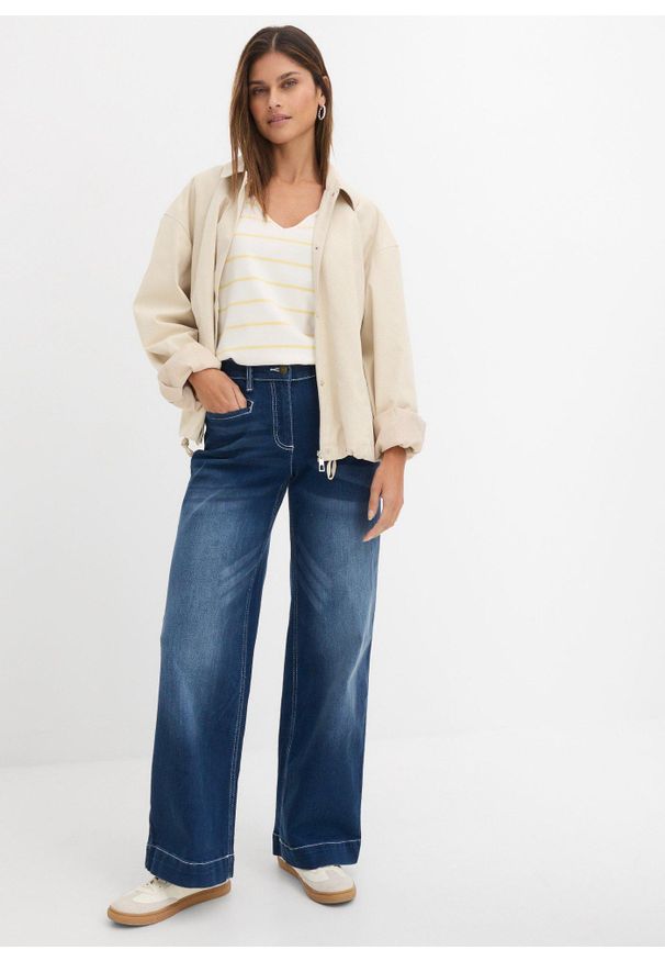 bonprix - Jeansy wide leg, mid waist, z elastyczną wstawką w talii. Kolor: niebieski