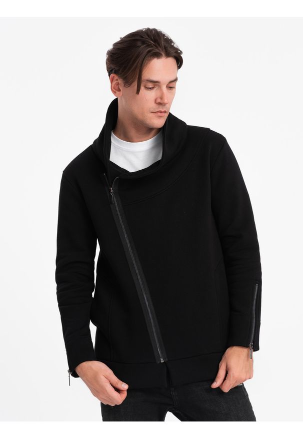 Ombre Clothing - Rozpinana bluza męska ze stójką LONDON - czarna - Rozmiar: XXL. Typ kołnierza: kołnierzyk stójkowy. Kolor: czarny. Materiał: poliester, bawełna