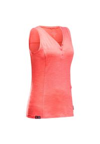 FORCLAZ - Koszulka trekkingowa damska na ramiączkach Forclaz Travel 500 Merino. Kolor: czerwony. Materiał: akryl, wełna, poliamid, materiał. Długość rękawa: na ramiączkach. Sezon: lato, zima
