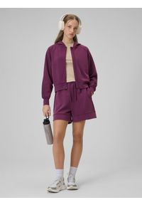 4f - 4F Bluza dresowa regular z modalem damska - burgundowa L. Okazja: na co dzień. Typ kołnierza: kaptur. Kolor: czerwony. Materiał: dresówka. Długość rękawa: raglanowy rękaw. Długość: krótkie. Wzór: gładki. Styl: casual #2