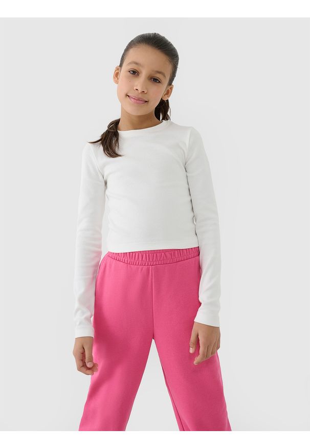 4f - 4F Longsleeve slim crop top gładki dziewczęcy - biały 134 (8-9 lat). Okazja: na co dzień. Kolor: biały. Materiał: elastan, materiał, bawełna, dzianina. Długość rękawa: długi rękaw. Długość: długie. Wzór: gładki. Sezon: lato. Styl: sportowy, casual