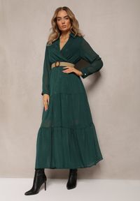 Renee - Ciemnozielona Sukienka z Kopertowym Dekoltem i Plecionym Paskiem Velo. Kolor: zielony. Materiał: tkanina. Typ sukienki: kopertowe #2
