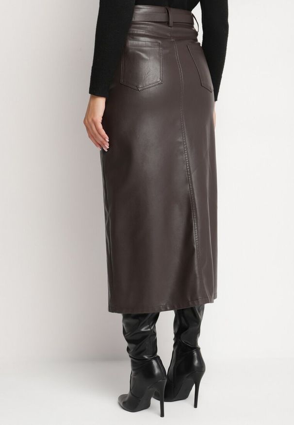 Born2be - Czarna Długa Spódnica High Waist z Imitacji Skóry z Dodatkowym Paskiem i Rozcięciem Wyneti. Okazja: na co dzień. Stan: podwyższony. Kolor: czarny. Materiał: skóra. Długość: długie. Styl: elegancki, klasyczny, casual