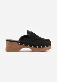 Born2be - Czarne Klapki Drewniaki w Stylu Mokasynów z Nitami Hanaria. Okazja: na co dzień. Kolor: czarny. Materiał: jeans, koronka. Wzór: aplikacja. Styl: casual, elegancki #3