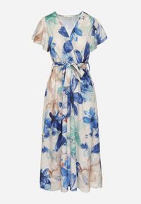 Born2be - Niebieska Sukienka w Kwiaty o Kopertowym Kroju z Wiązanym Paskiem Redanae. Okazja: na co dzień. Kolor: niebieski. Wzór: kwiaty. Typ sukienki: kopertowe. Styl: casual, elegancki #4