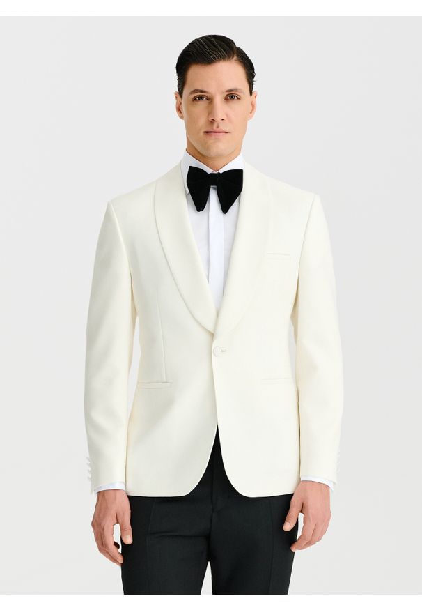 Pako Lorente - PAKO LORENTE – Marynarka smokingowa w jasnym beżowym kolorze. Okazja: na ślub cywilny, na wesele. Kolor: beżowy. Materiał: wełna. Wzór: gładki