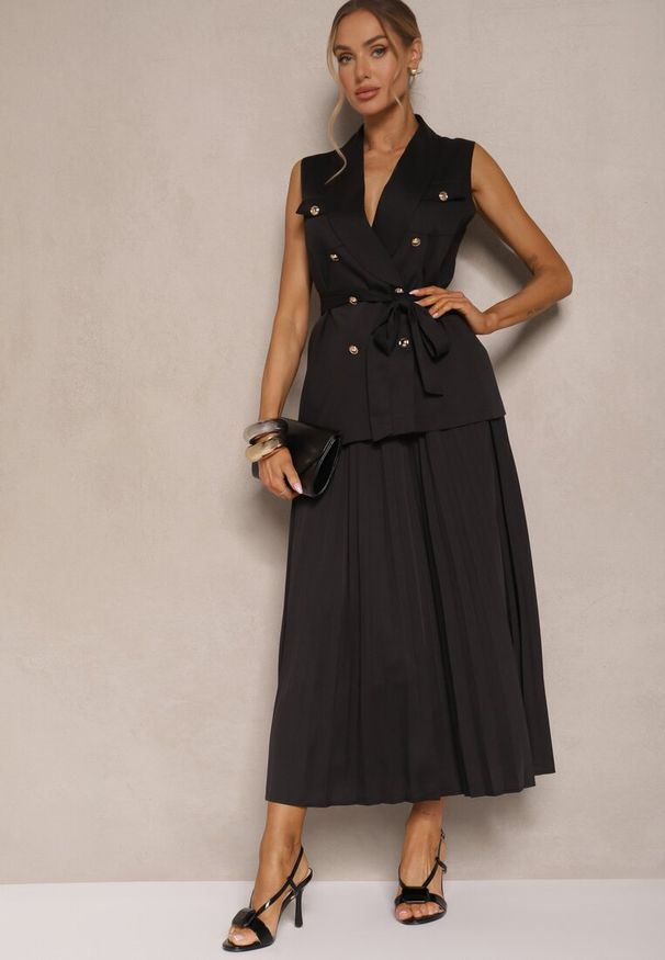 Renee - Czarny Komplet Rozkloszowana Spódnica i Rozpinana Kamizelka Divirisa. Kolor: czarny