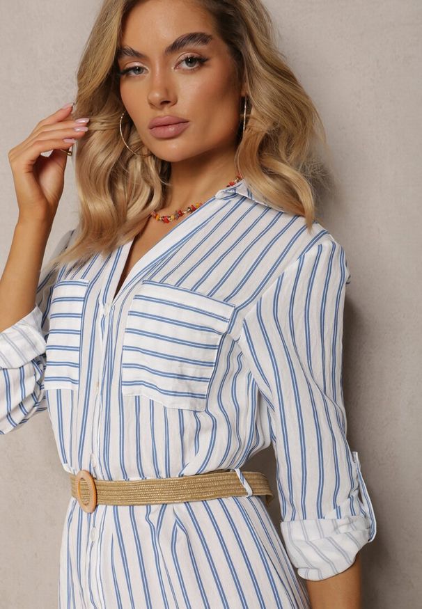 Renee - Biało-Niebieska Koszulowa Sukienka Midi w Paski z Lnem i Plecionym Paskiem Efordia. Okazja: na co dzień. Kolor: niebieski. Materiał: len. Wzór: paski. Typ sukienki: koszulowe. Styl: casual. Długość: midi