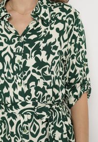 Born2be - Beżowo-Zielona Koszulowa Sukienka Mini z Wiskozy w Ornamentalny Wzór Virilassa. Kolor: zielony. Materiał: wiskoza. Typ sukienki: koszulowe. Długość: mini #3