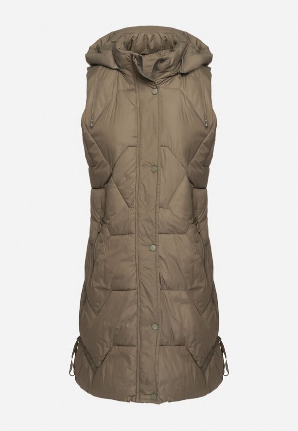 Born2be - Ciemnozielona Pikowana Kamizelka z Odpinanym Kapturem i Ściągaczami Lorianvia. Okazja: na co dzień, na spacer. Kolor: zielony. Materiał: jeans. Styl: casual, elegancki, sportowy