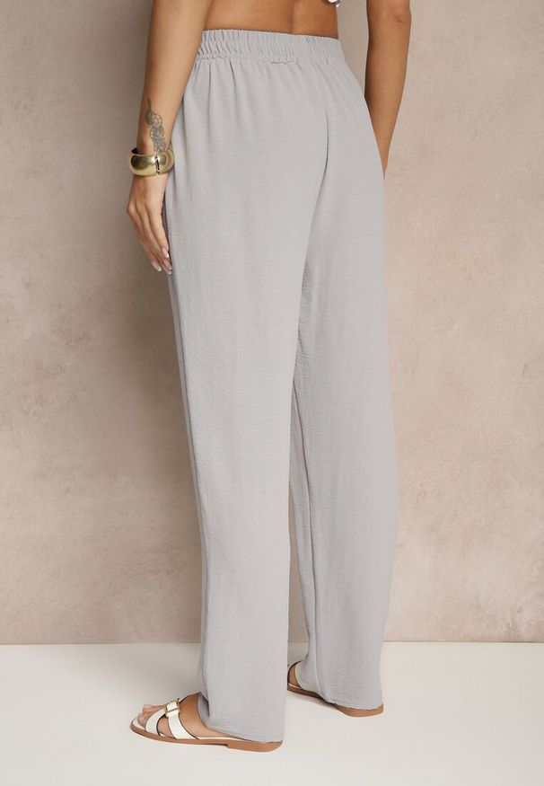 Renee - Szare Spodnie z Bawełną o Szerokim Kroju High Waist Fanelithia. Okazja: na co dzień. Stan: podwyższony. Kolor: szary. Materiał: bawełna. Styl: casual