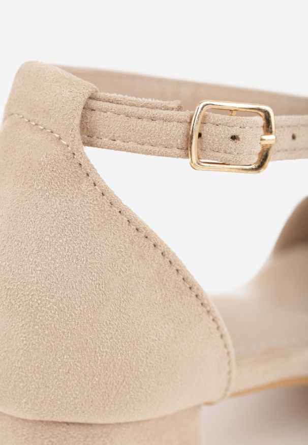 Born2be - Ciemnobeżowe Klasyczne Sandały VICES na Niskim Słupku z Paskiem Wokół Kostki Atenohre. Zapięcie: pasek. Kolor: beżowy. Materiał: skóra, zamsz. Sezon: lato. Obcas: na słupku. Styl: klasyczny. Wysokość obcasa: średni