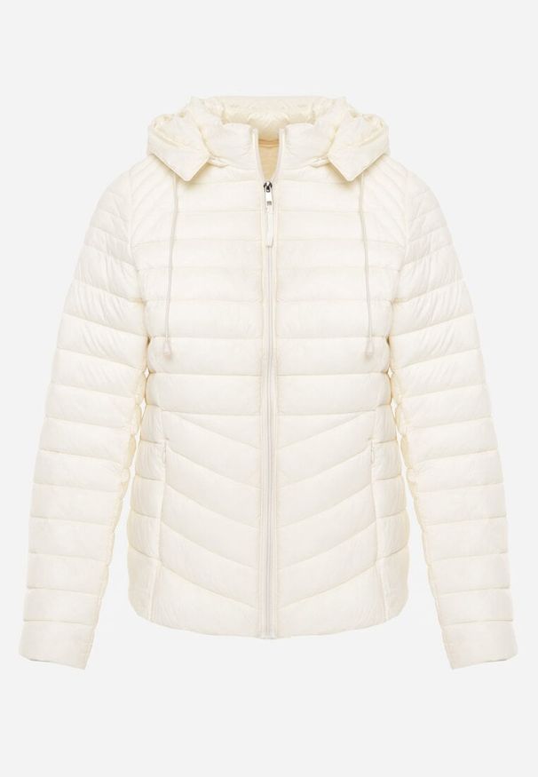 Renee - Jasnobeżowa Przejściowa Kurtka Pikowana z Kapturem z Możliwością Odpięcia Pretiga. Okazja: na spacer. Typ kołnierza: kaptur. Kolor: beżowy. Materiał: jeans, nylon