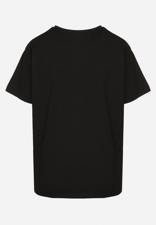 Born2be - Czarny T-shirt z Bawełny Ozdobiony Nadrukiem i Brokatem Marionel. Okazja: na co dzień. Kolor: czarny. Materiał: bawełna. Wzór: aplikacja, nadruk. Styl: klasyczny, elegancki, casual