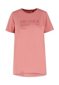 Volcano - Koszulka damska z krótkim rękawem i napisem T-FELICJA. Kolekcja: plus size. Kolor: różowy. Materiał: skóra, bawełna. Długość rękawa: krótki rękaw. Długość: krótkie. Wzór: napisy. Sezon: lato. Styl: klasyczny #1